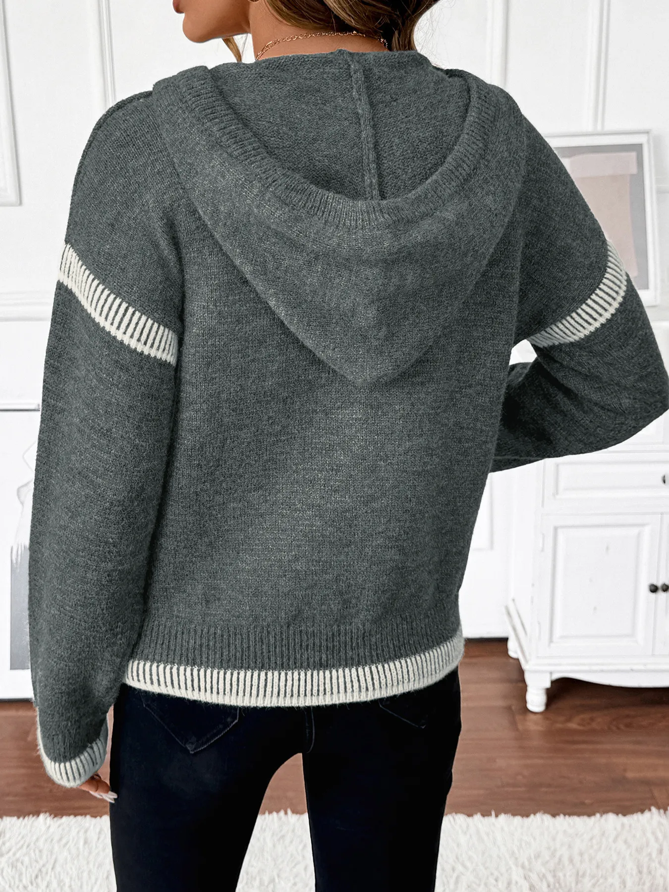 Casual Loose Contrast Trim Hooded Knit Sweater