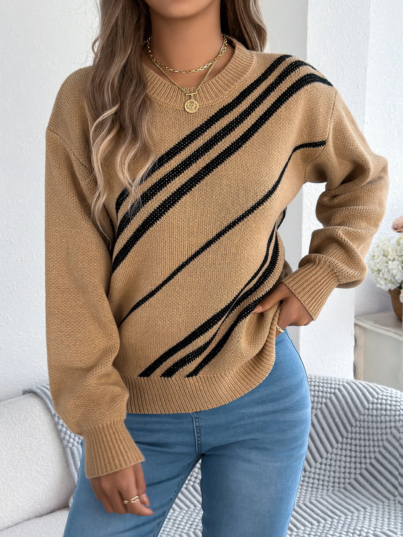 Casual Striped Crew Neck Lantern Sleeve Pullover Sweater