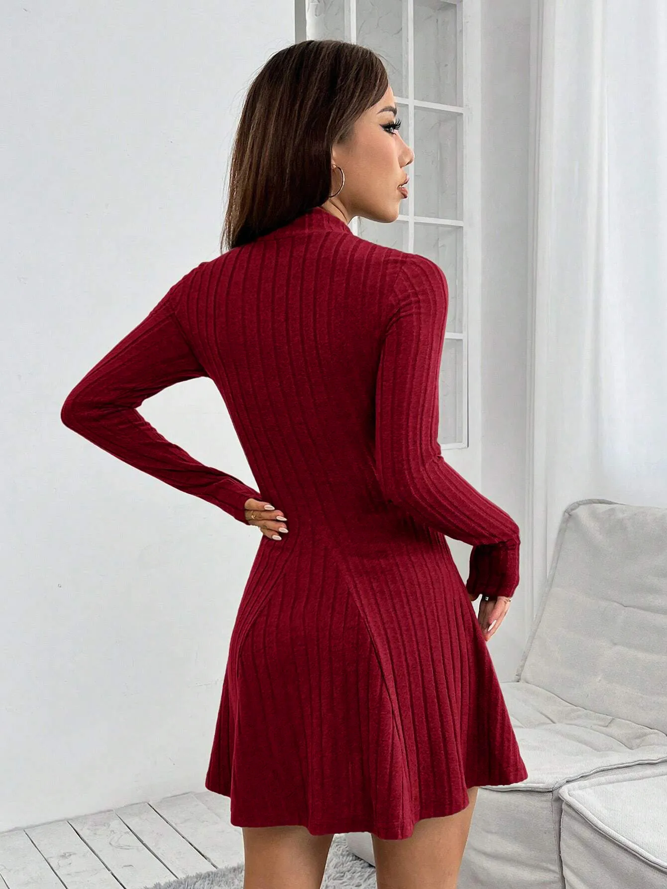 Ribbed Mock Neck Long Sleeve A-Line Dress