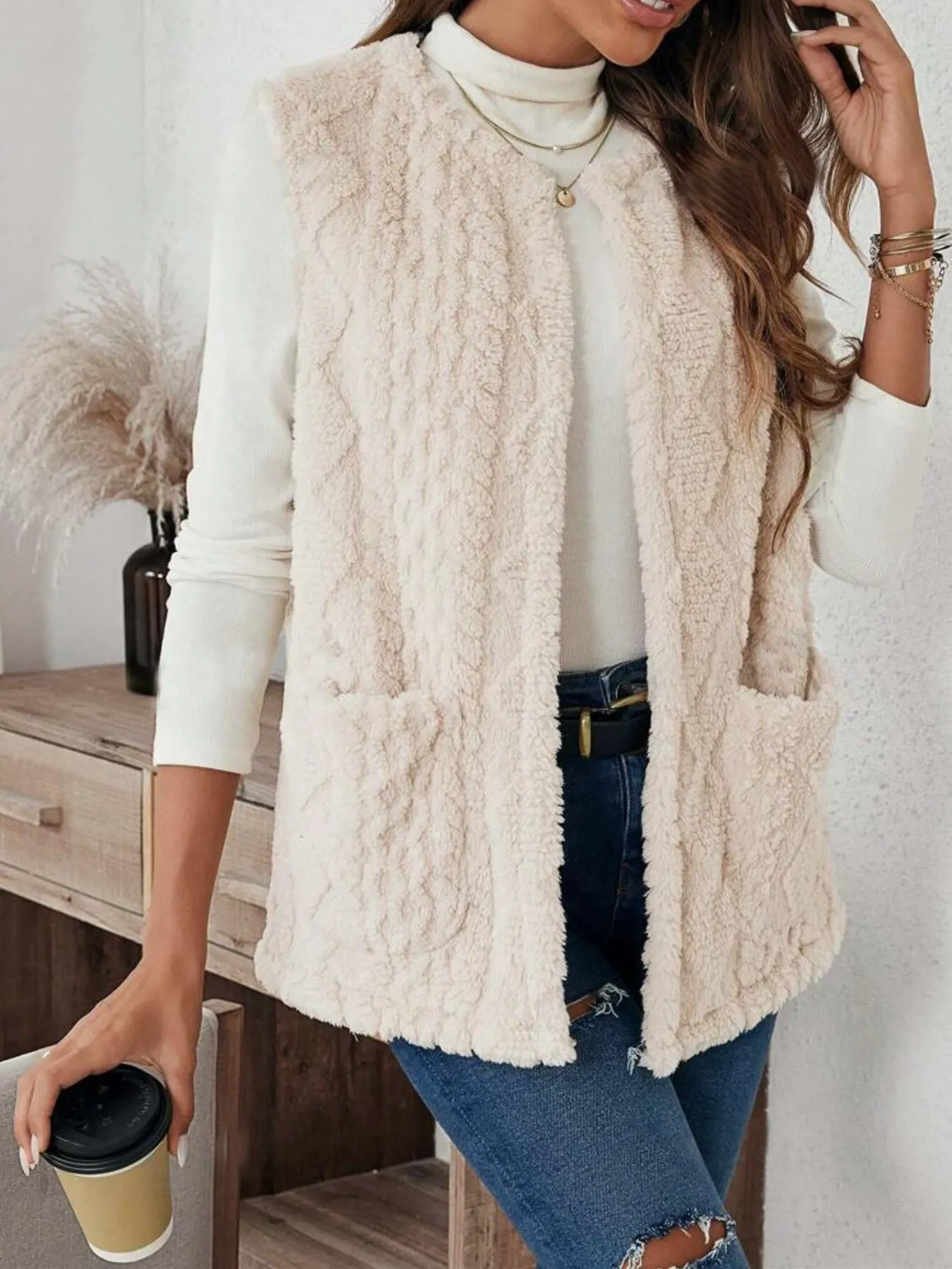 Sherpa Open-Front Vest with Pockets