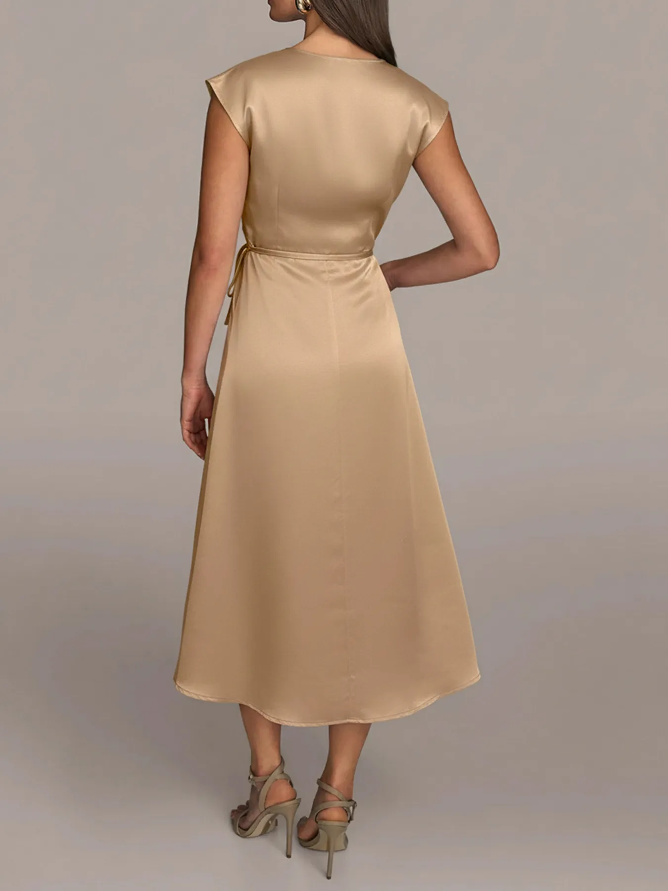 Asymmetrical Satin V-Neck Tie-Waist Dress