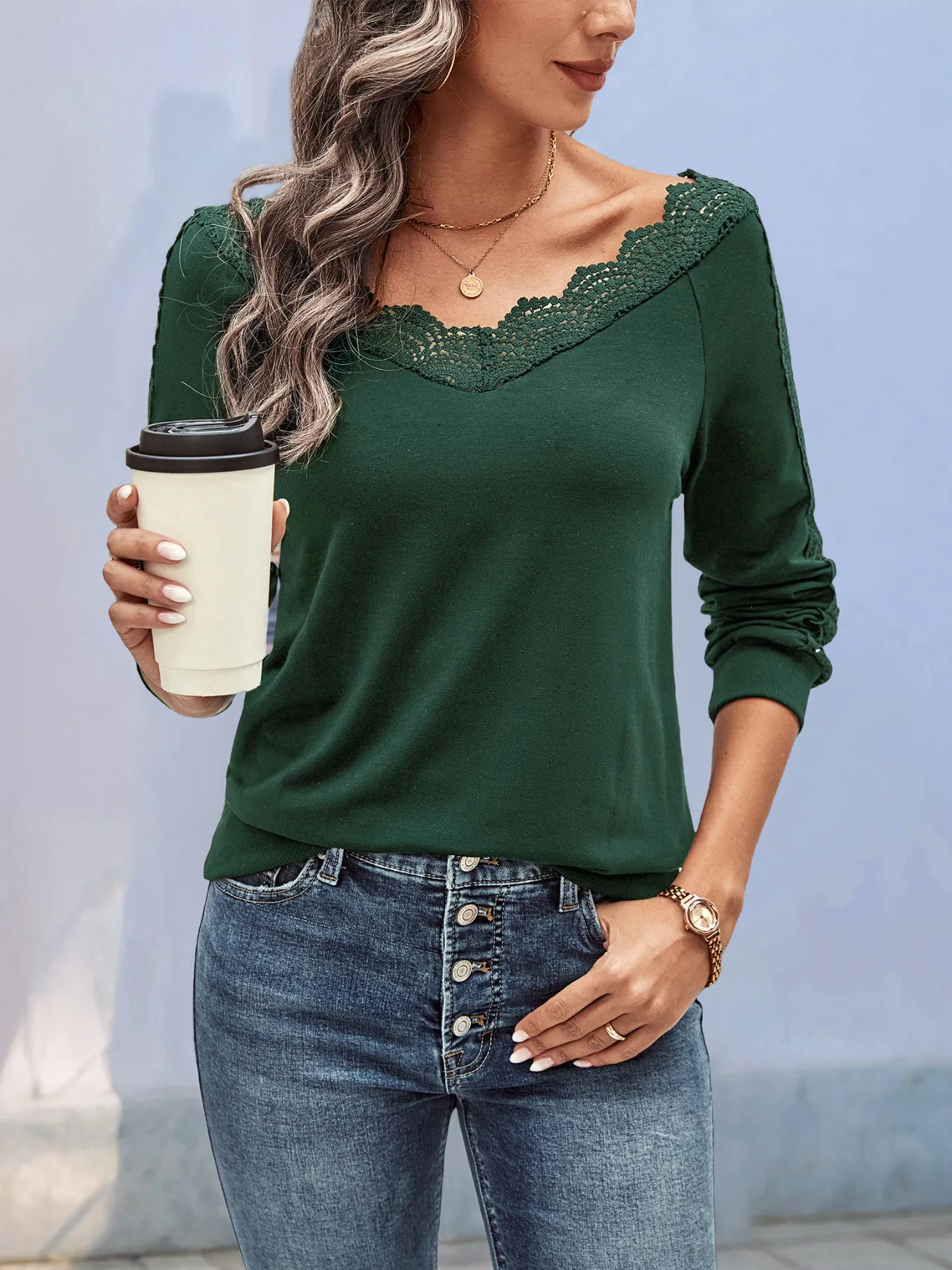 Solid Color Lace V-Neck Sweatshirt