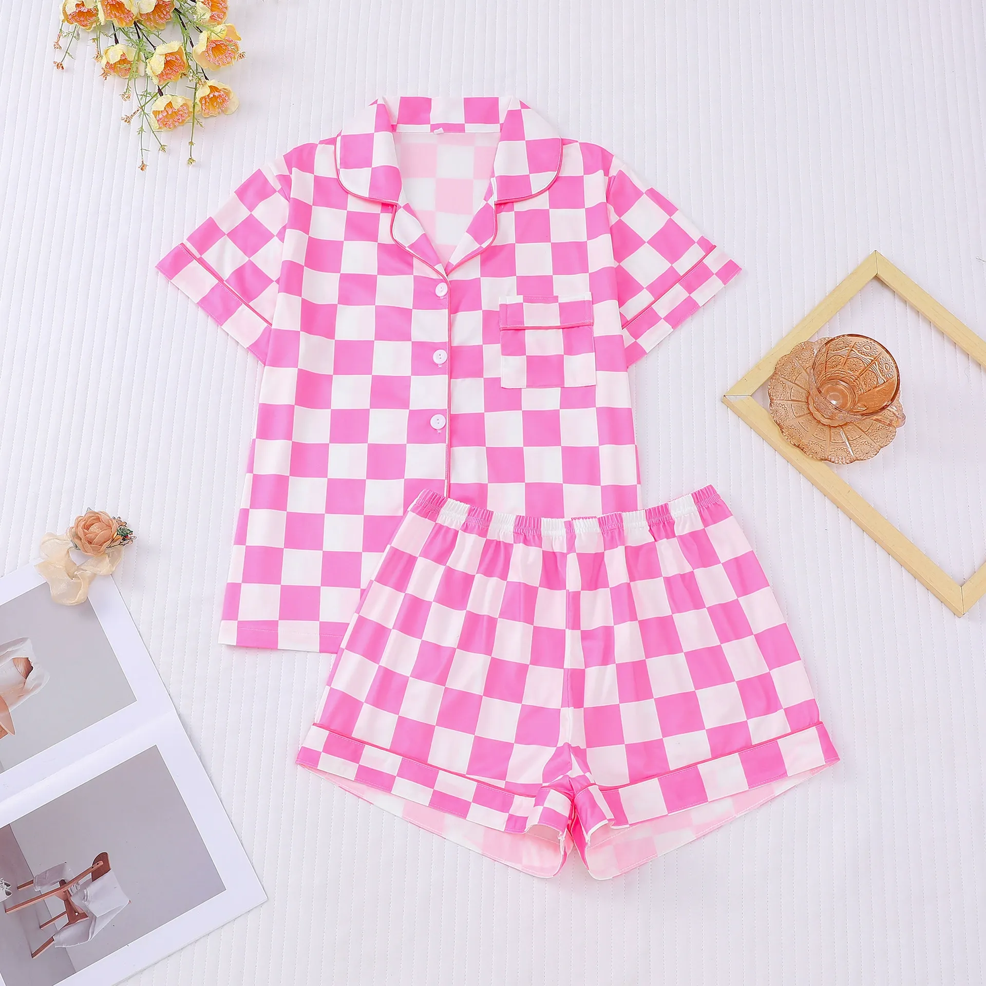 Collared Plaid Short Sleeve Shorts Pajama Set
