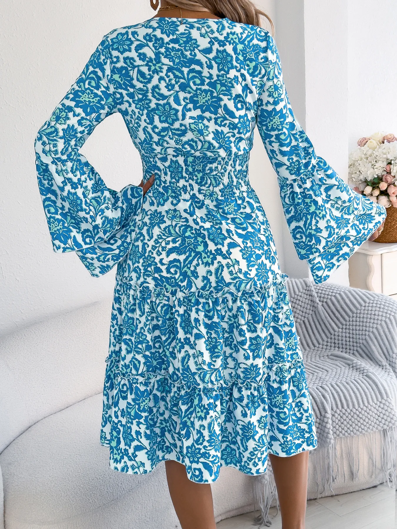 Vintage Bell Sleeve Ruffle Trim A-Line Dress