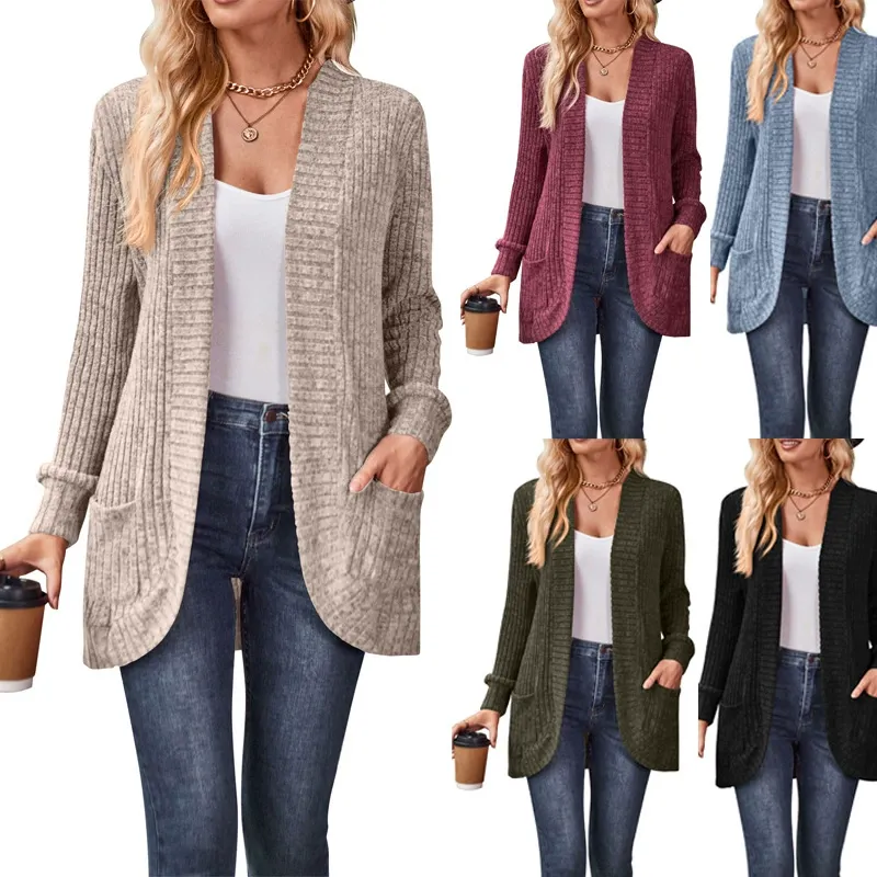 Solid Brushed Ribbed Long Sleeve Cardigan