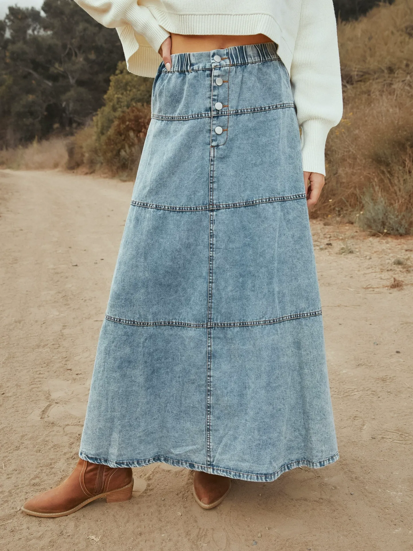 Bohemian A-line Tiered Patchwork Denim Skirt