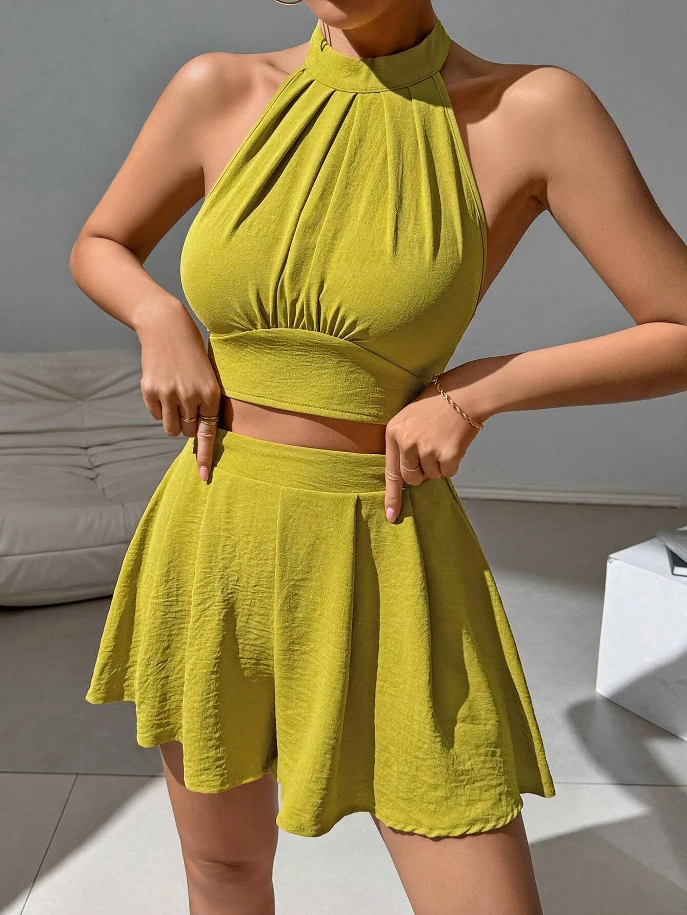 Solid Halter Cami & Shorts Set