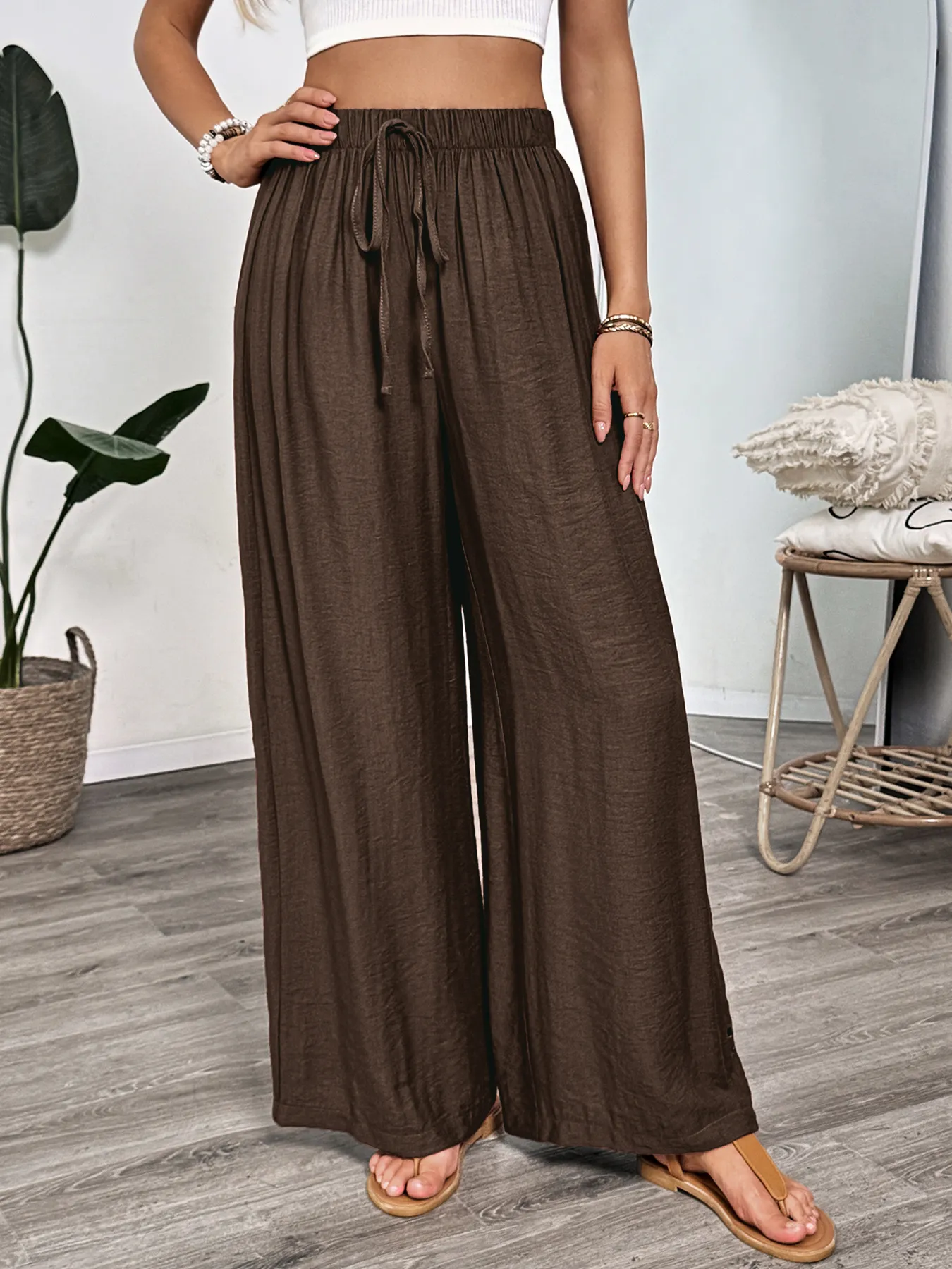 Casual Embroidered Drawstring Wide Leg Pants
