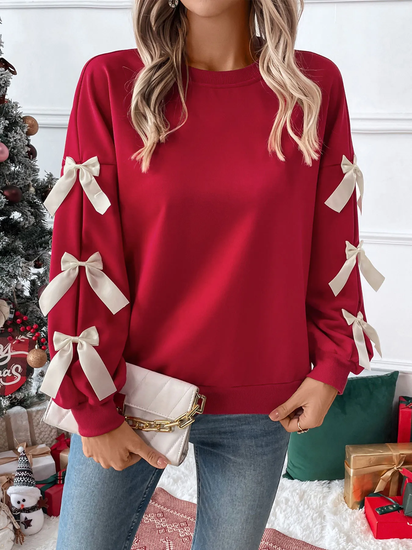 Cute Red Round Neck Christmas Bow Sweatshirt