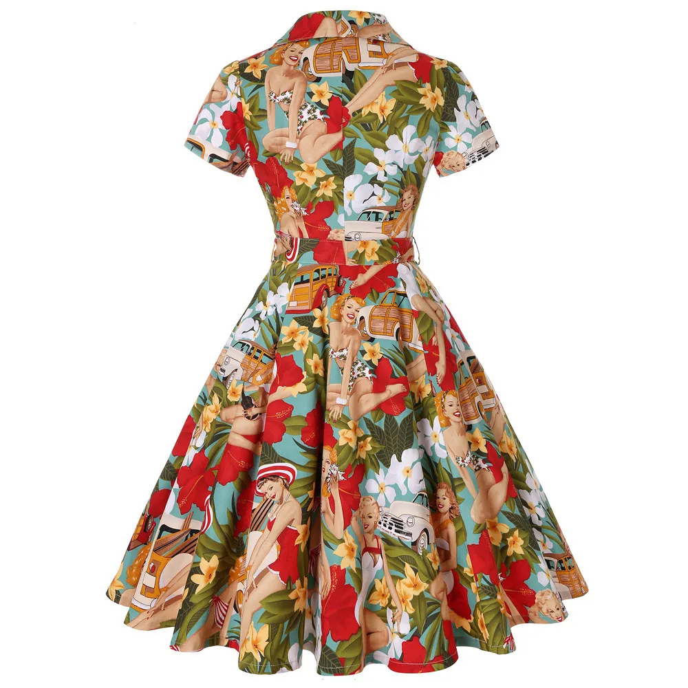 Vintage Printed Belted A-line Cotton Shirtdress