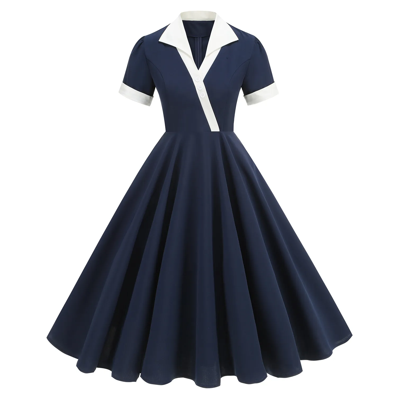 Elegant Retro Color Block Swing Dress