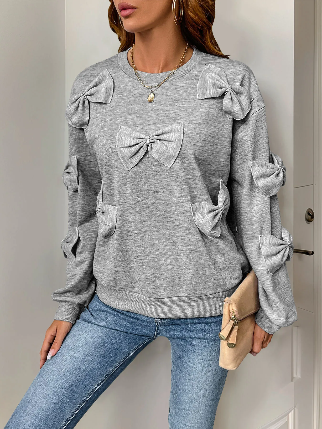 Cute Casual Grey Bow Round Neck Sweatshirt