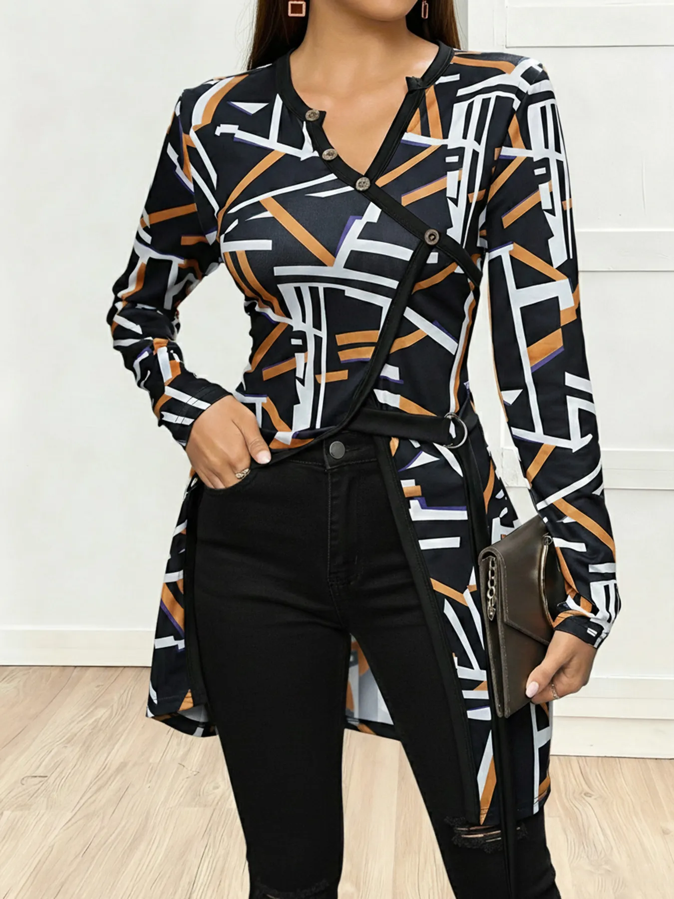 African Geometric Print V-Neck Asymmetric Top