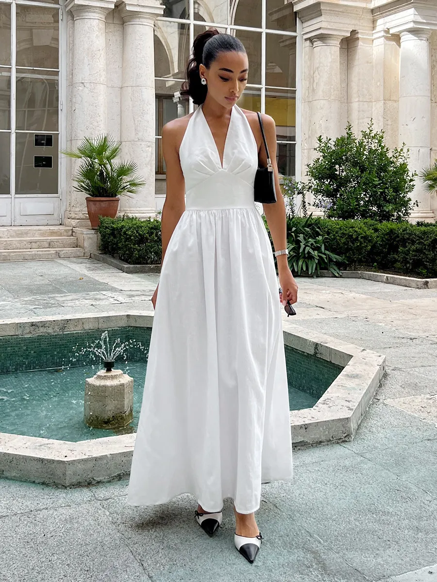 Cotton V-Neck Tie Waist Maxi Dress