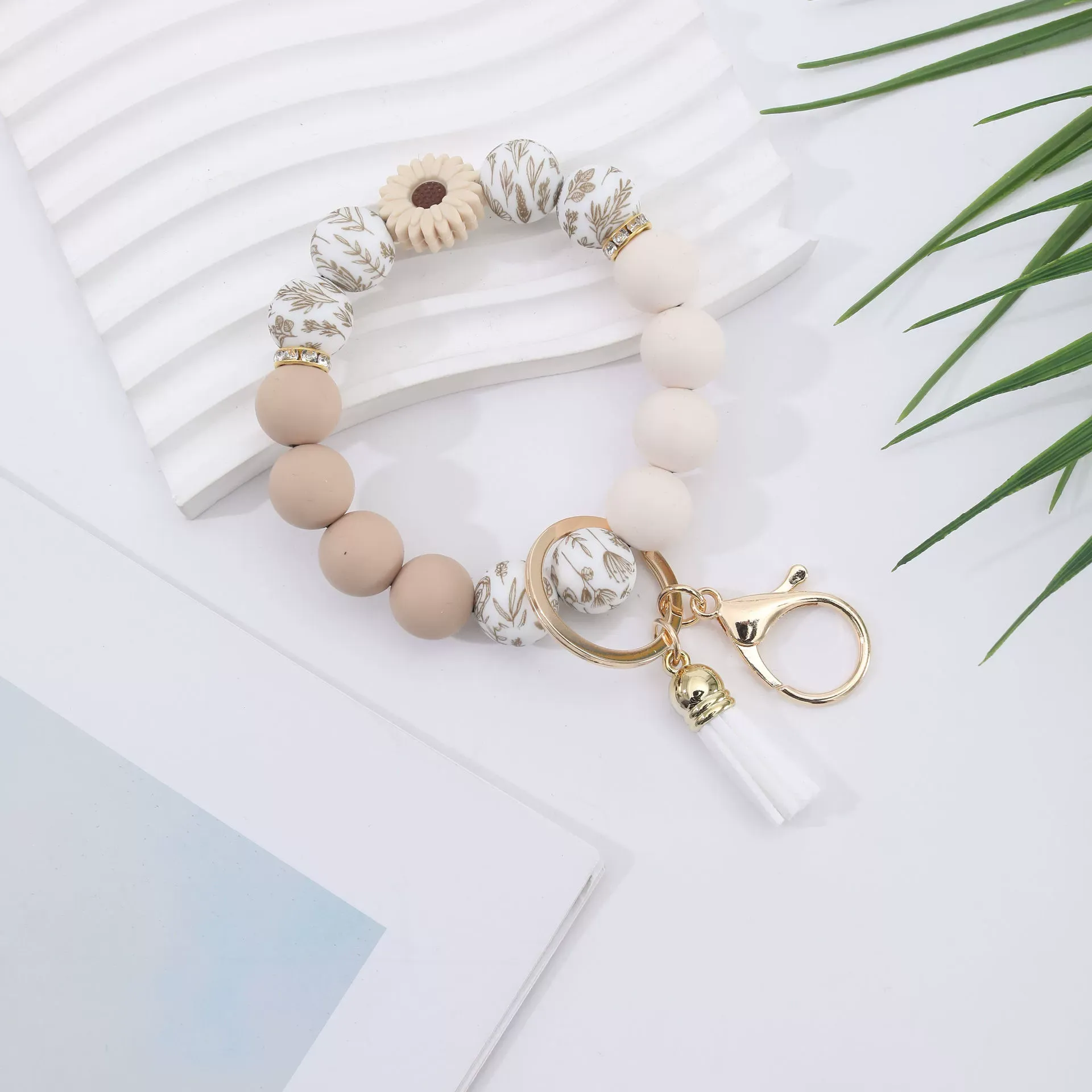 Daisy Silicone Beaded Wristlet Keychain with Leather Tassel