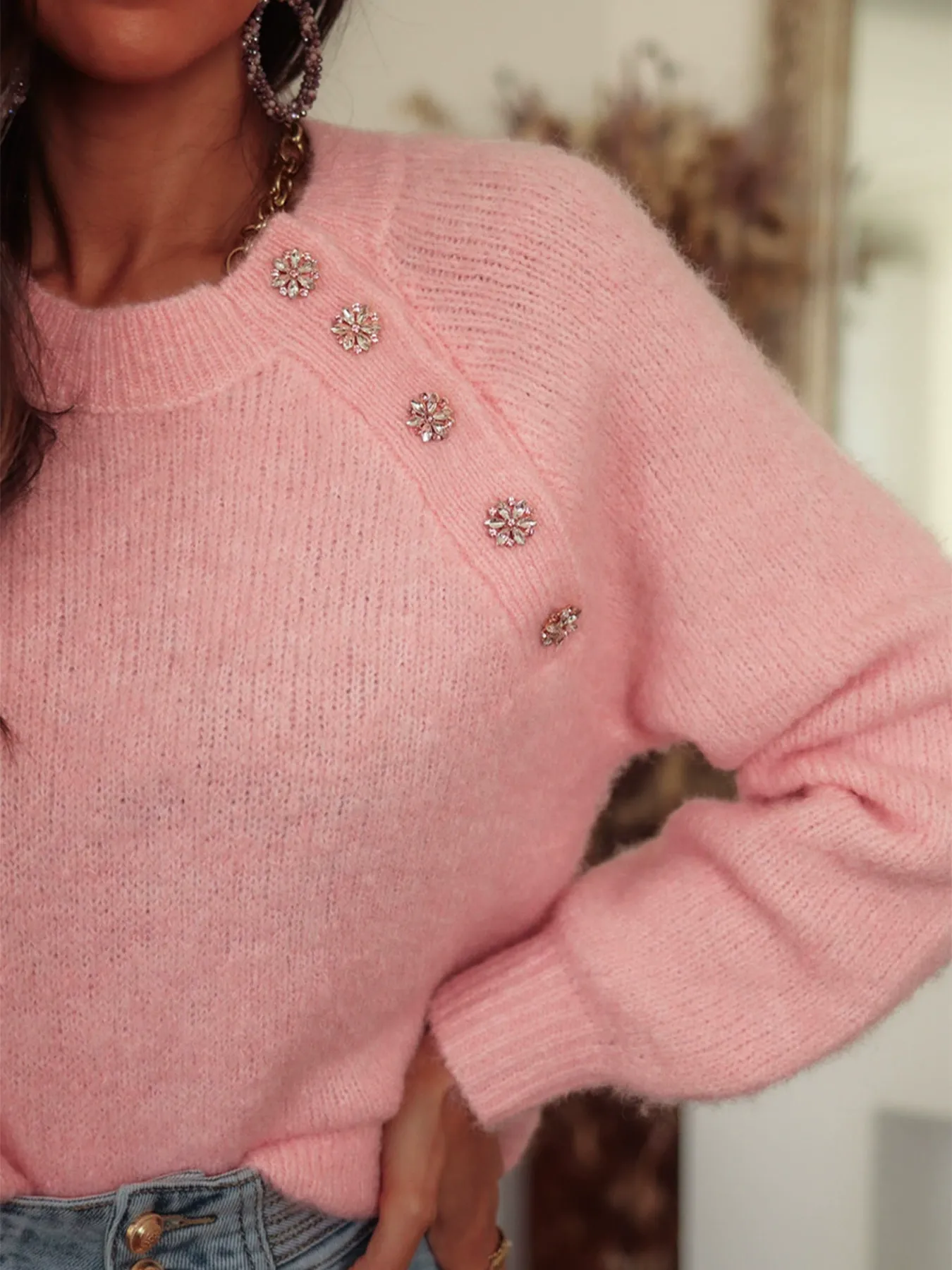 Solid Raglan Crewneck Button Knit Sweater