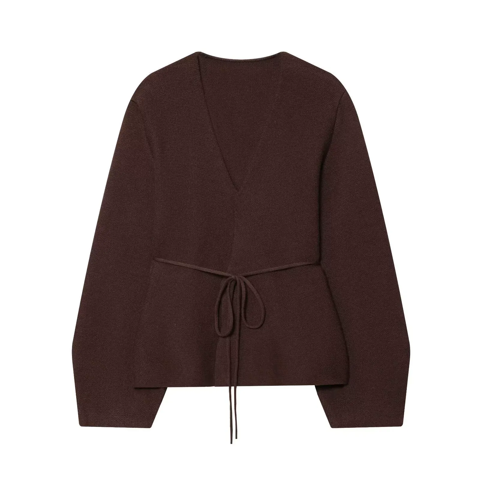 V-neck Long Sleeve Belted Knit Cardigan