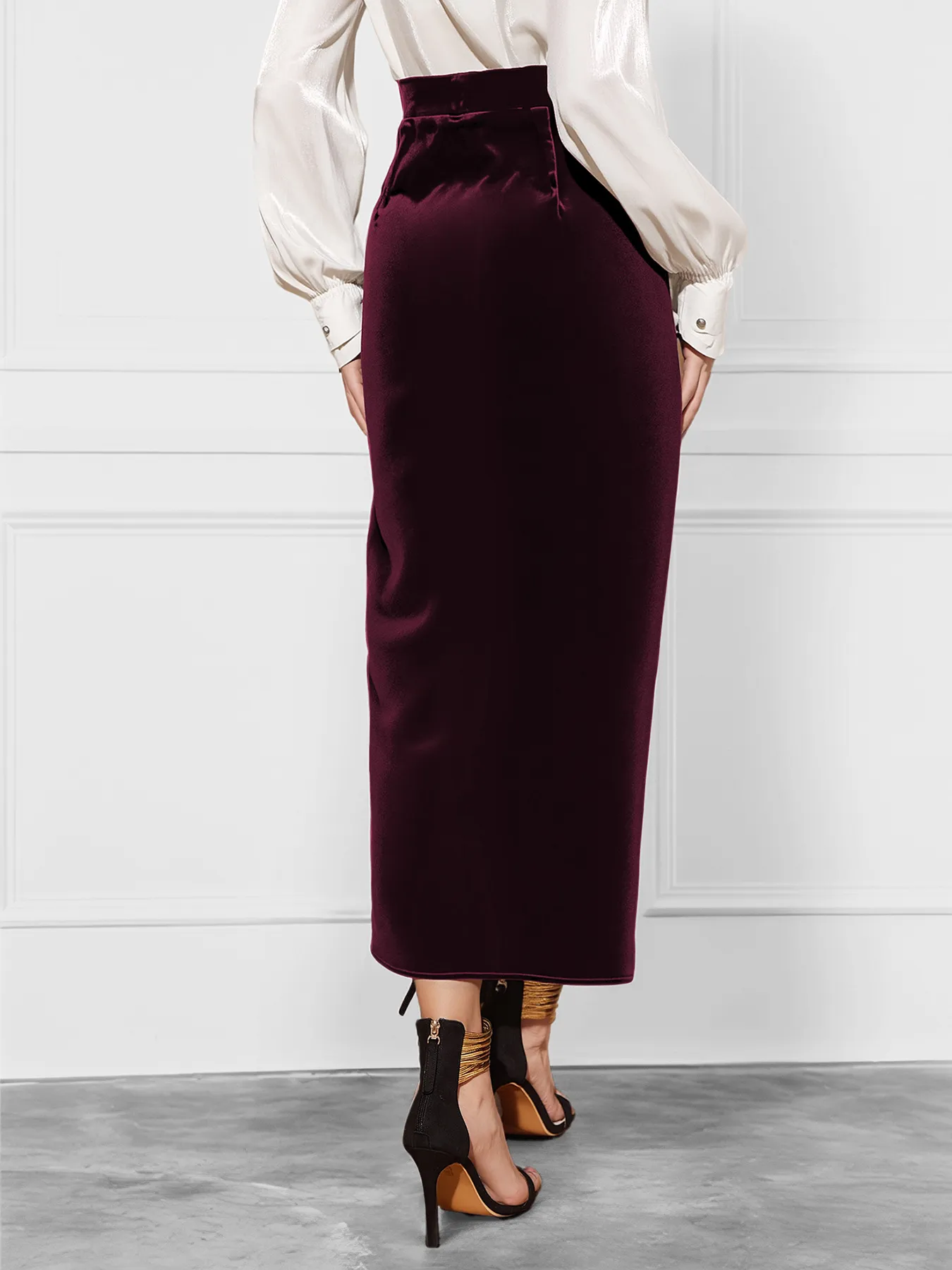 Solid Velvet Twist-Front Slit Midi Skirt