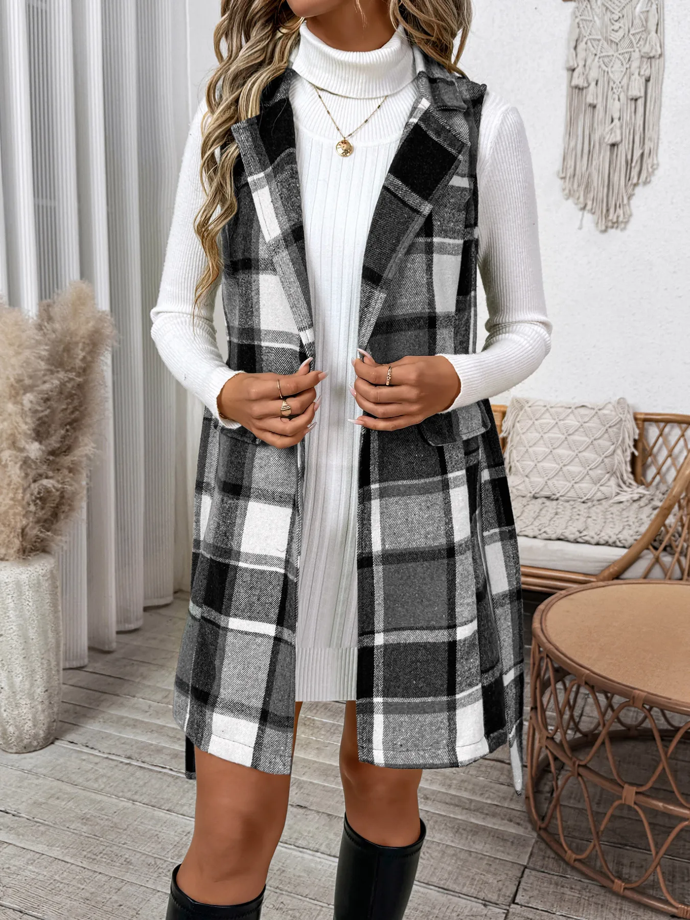 Retro Casual Plaid Tie-Waist Vest