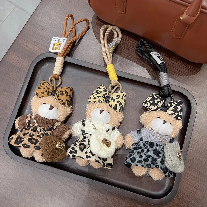 Leopard Print Plush Bear Mini Bag Keychain Charm