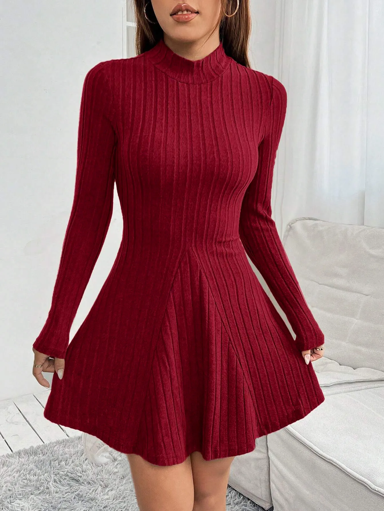 Ribbed Mock Neck Long Sleeve A-Line Dress