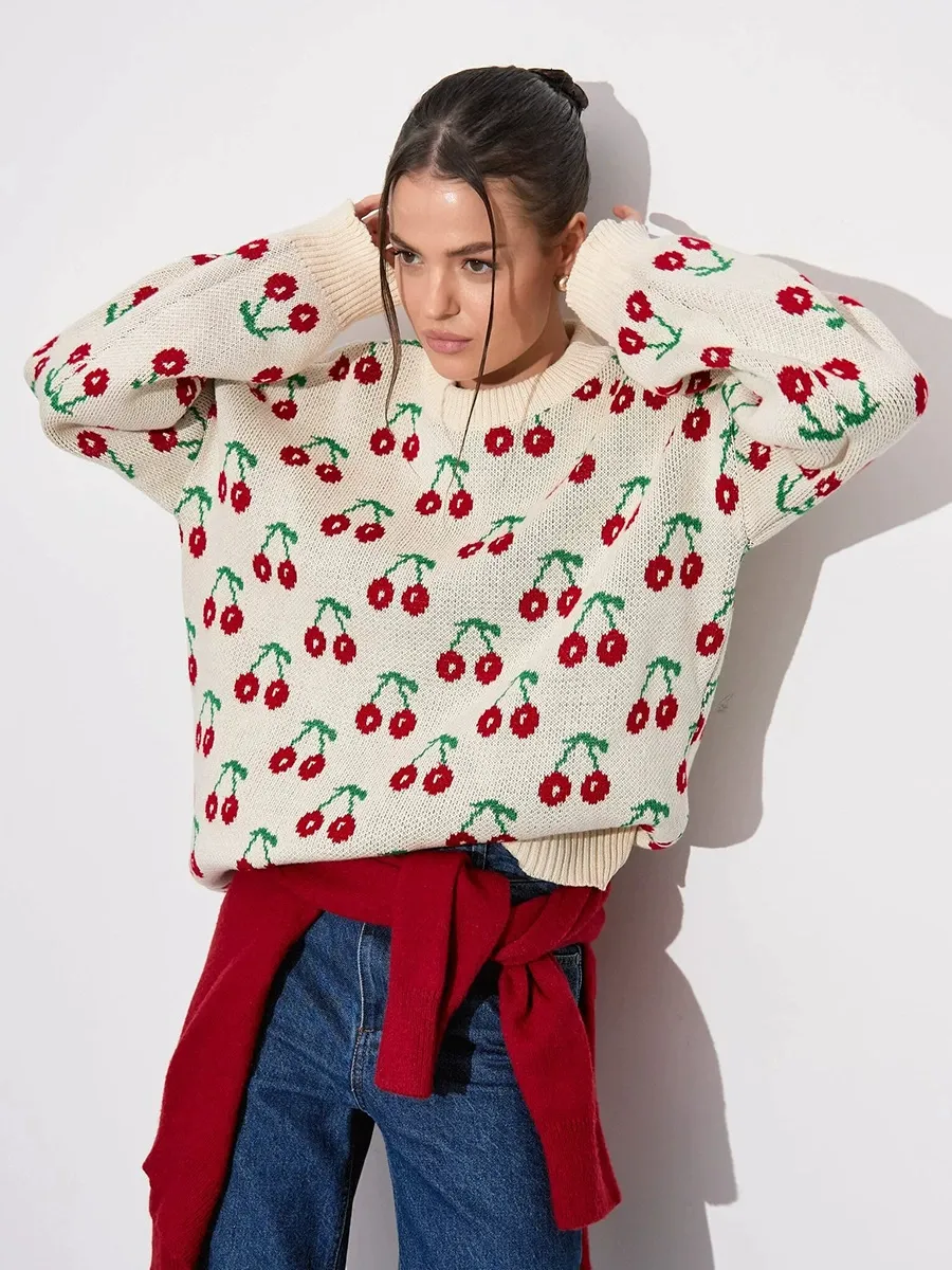 Cherry Print Oversized Knit Sweater