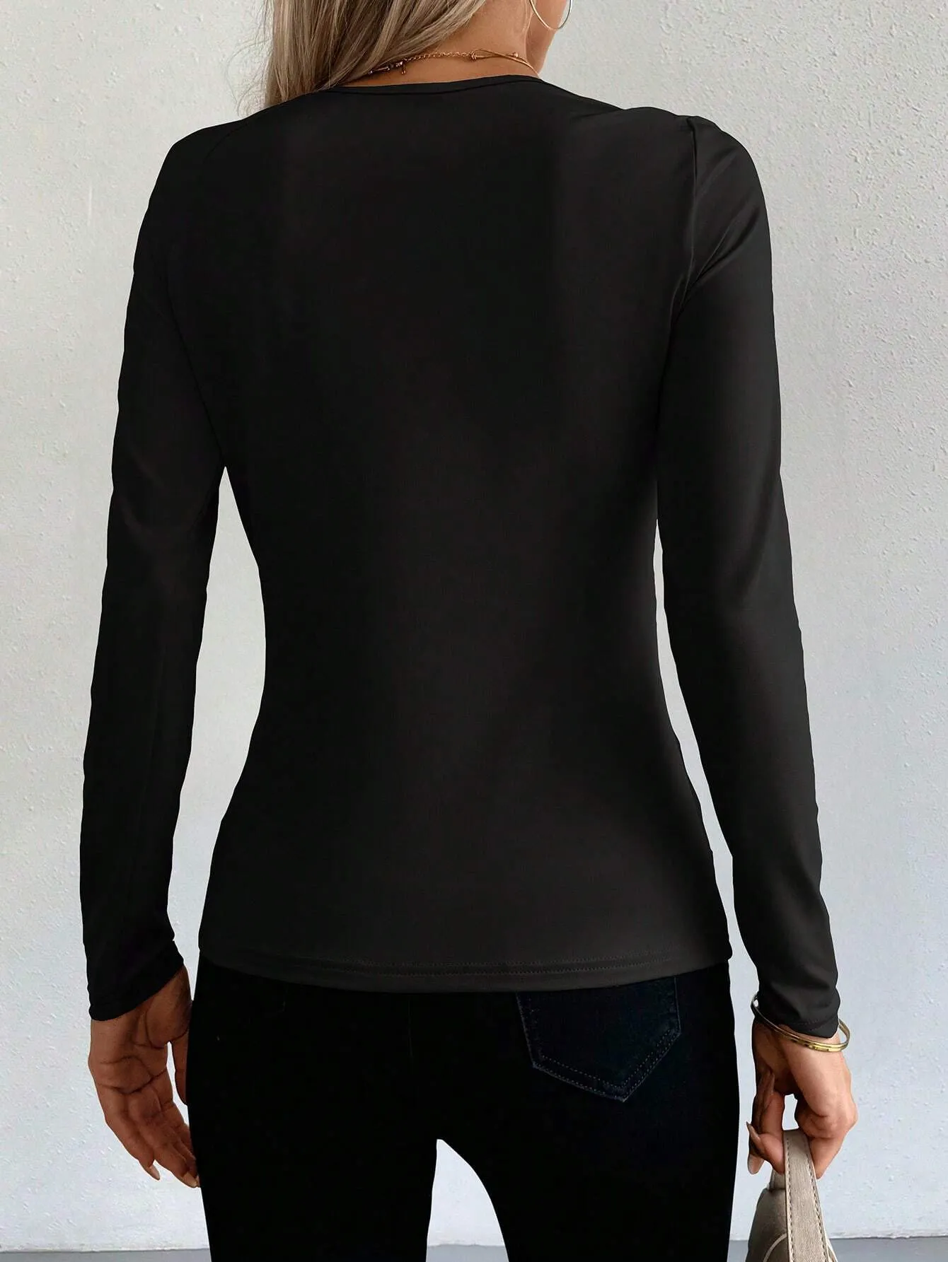 Solid Square Neck Long Sleeve Slim Fit Top