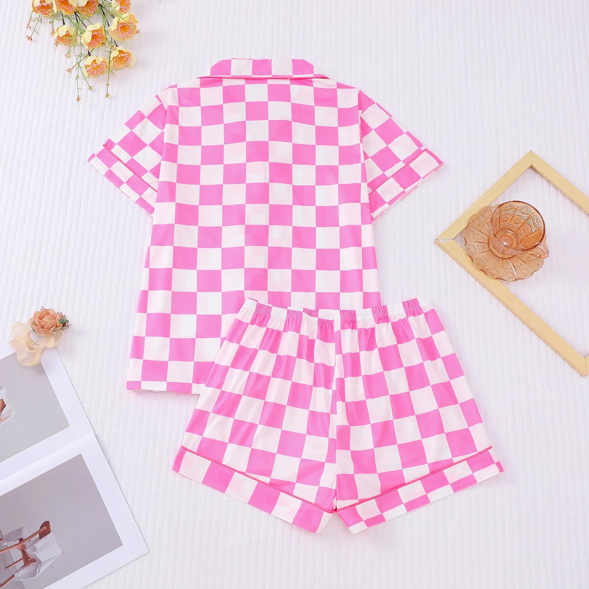 Collared Plaid Short Sleeve Shorts Pajama Set
