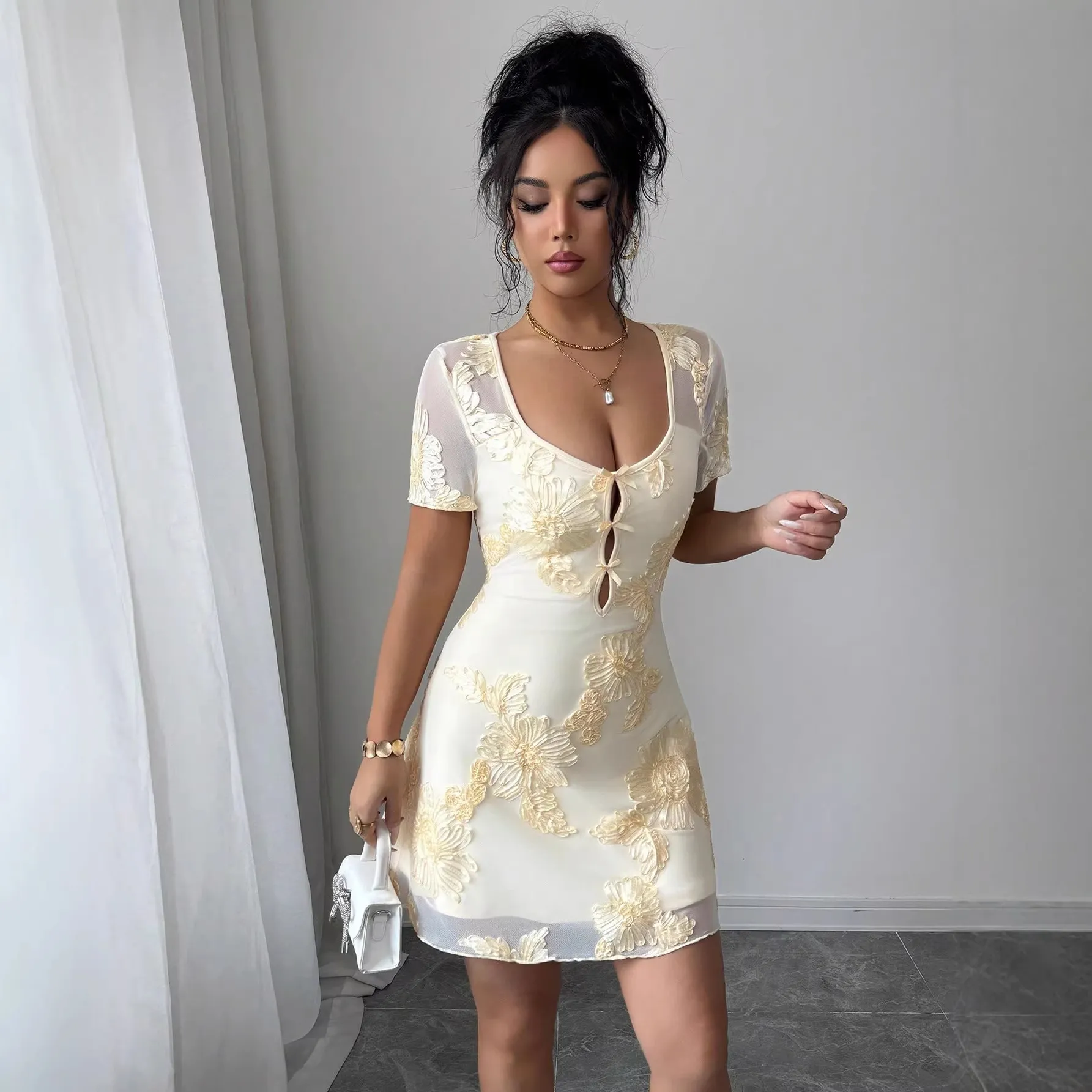 Embroidered Mesh Square Neck Vacation Dress