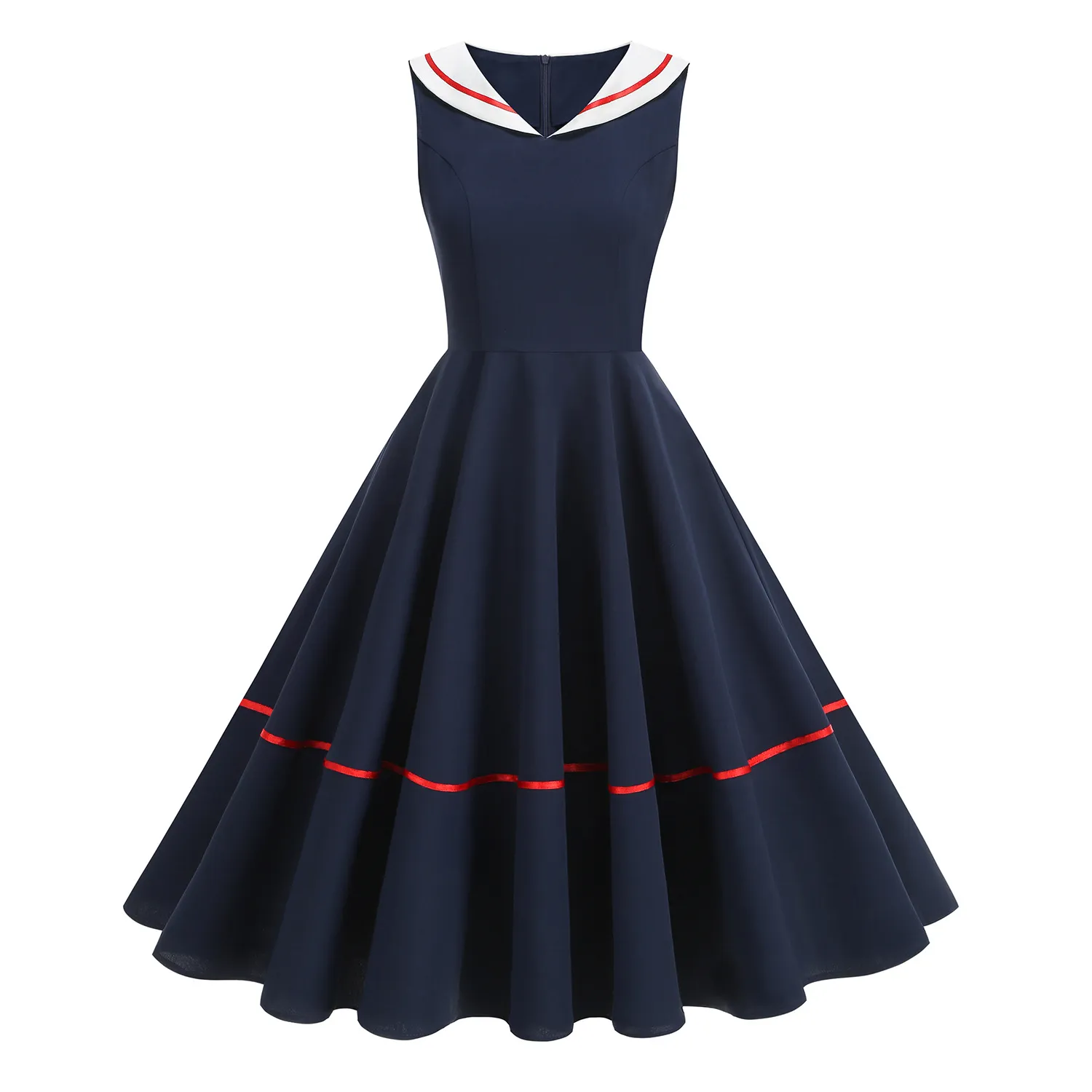 Vintage Nautical Sleeveless Swing Midi Dress