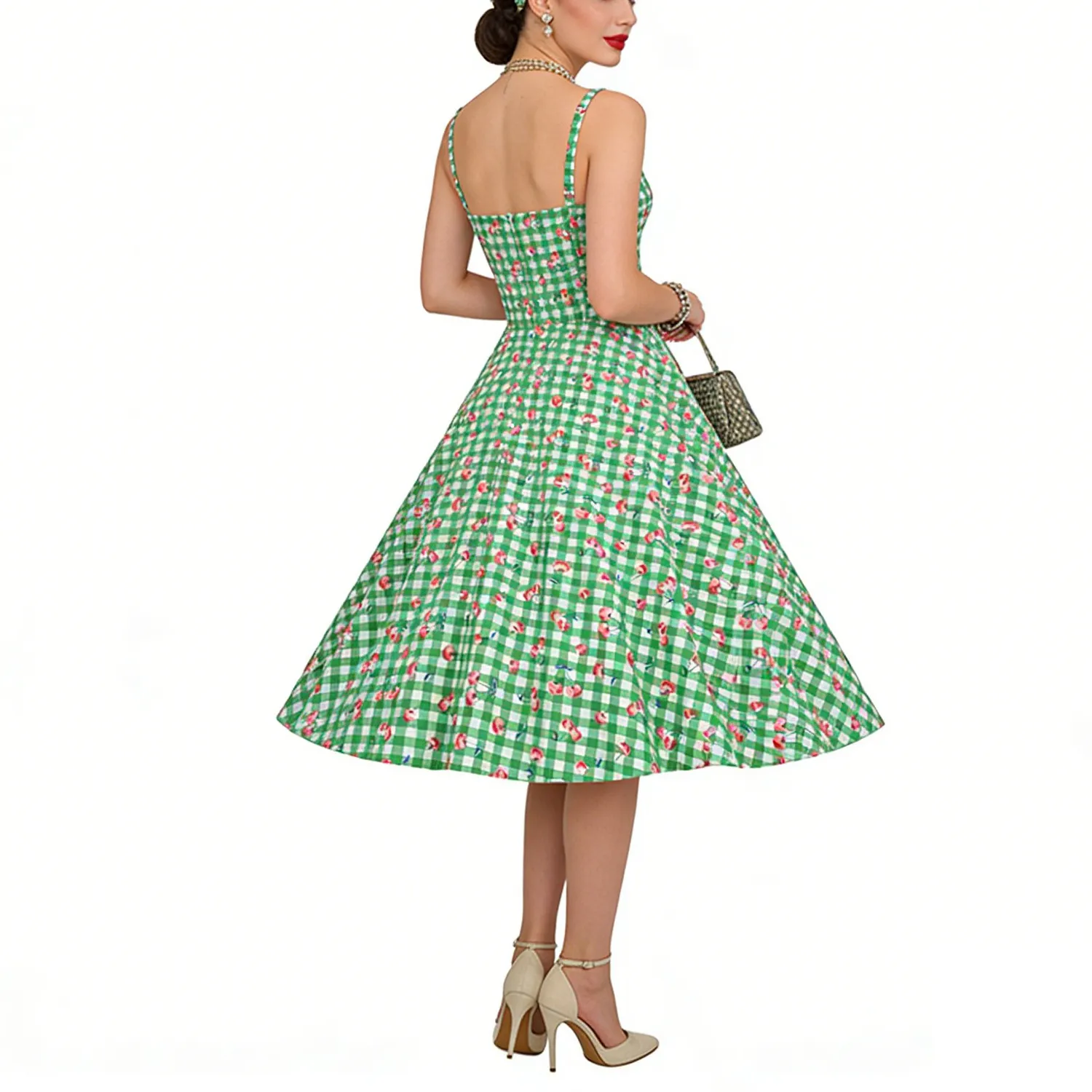 Vintage Cherry Print Gingham Spaghetti Strap Midi Dress