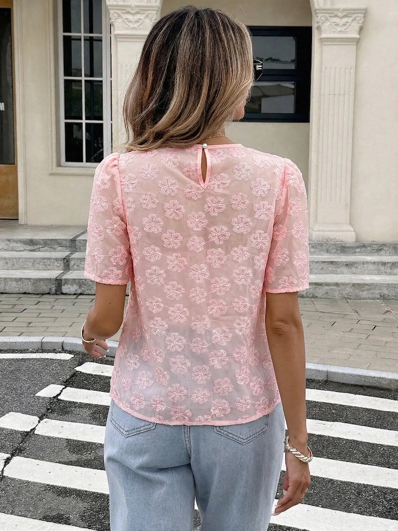 Pink Floral Jacquard Puff Sleeve Blouse
