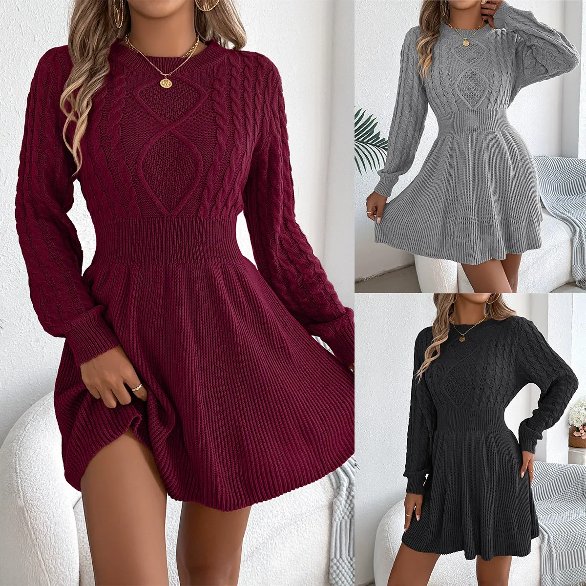 Solid Cable Knit A-Line Lantern Sleeve Sweater Dress