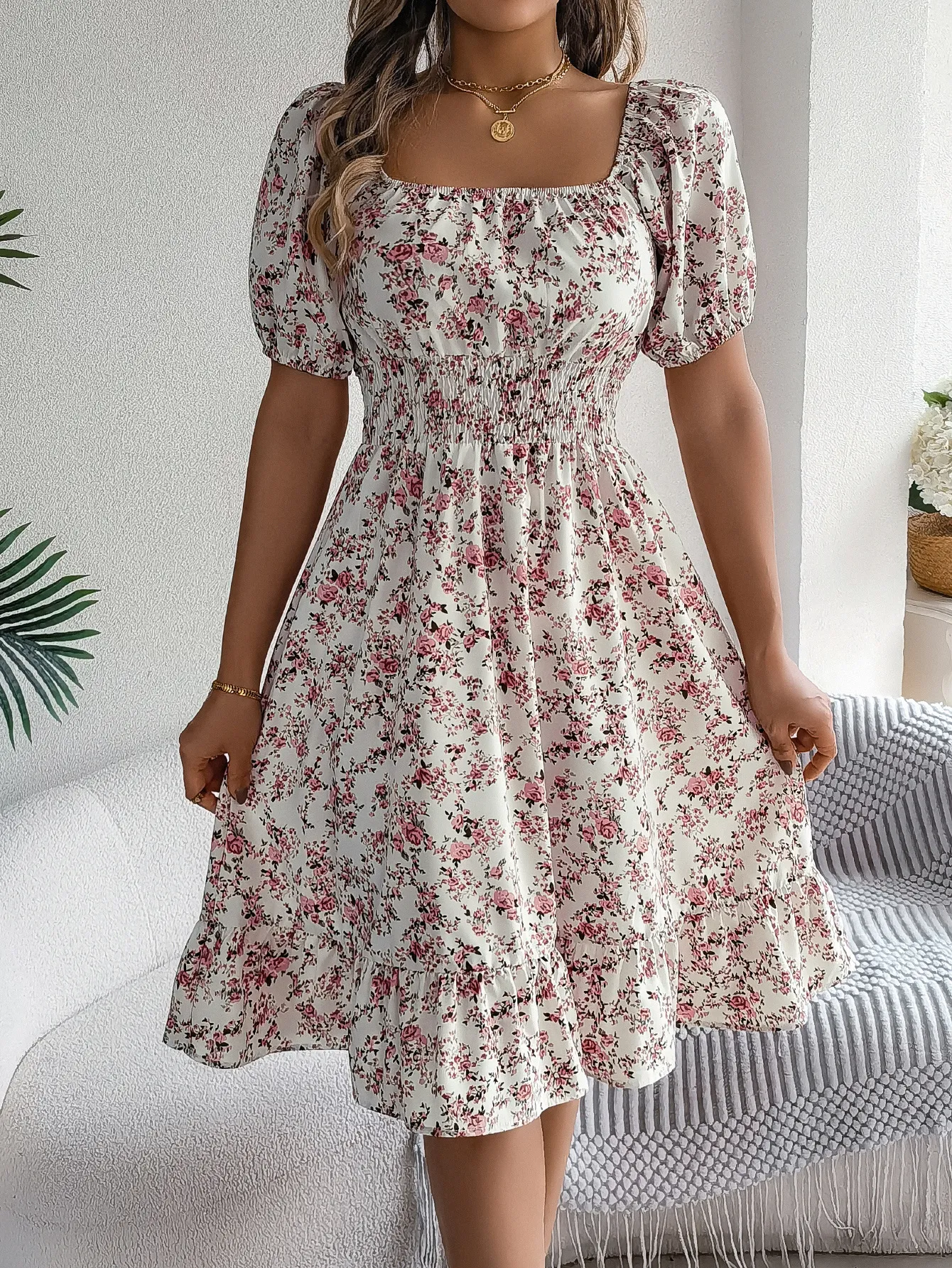 Floral Print Square Neck Short Sleeve Ruffled A-Line Dress