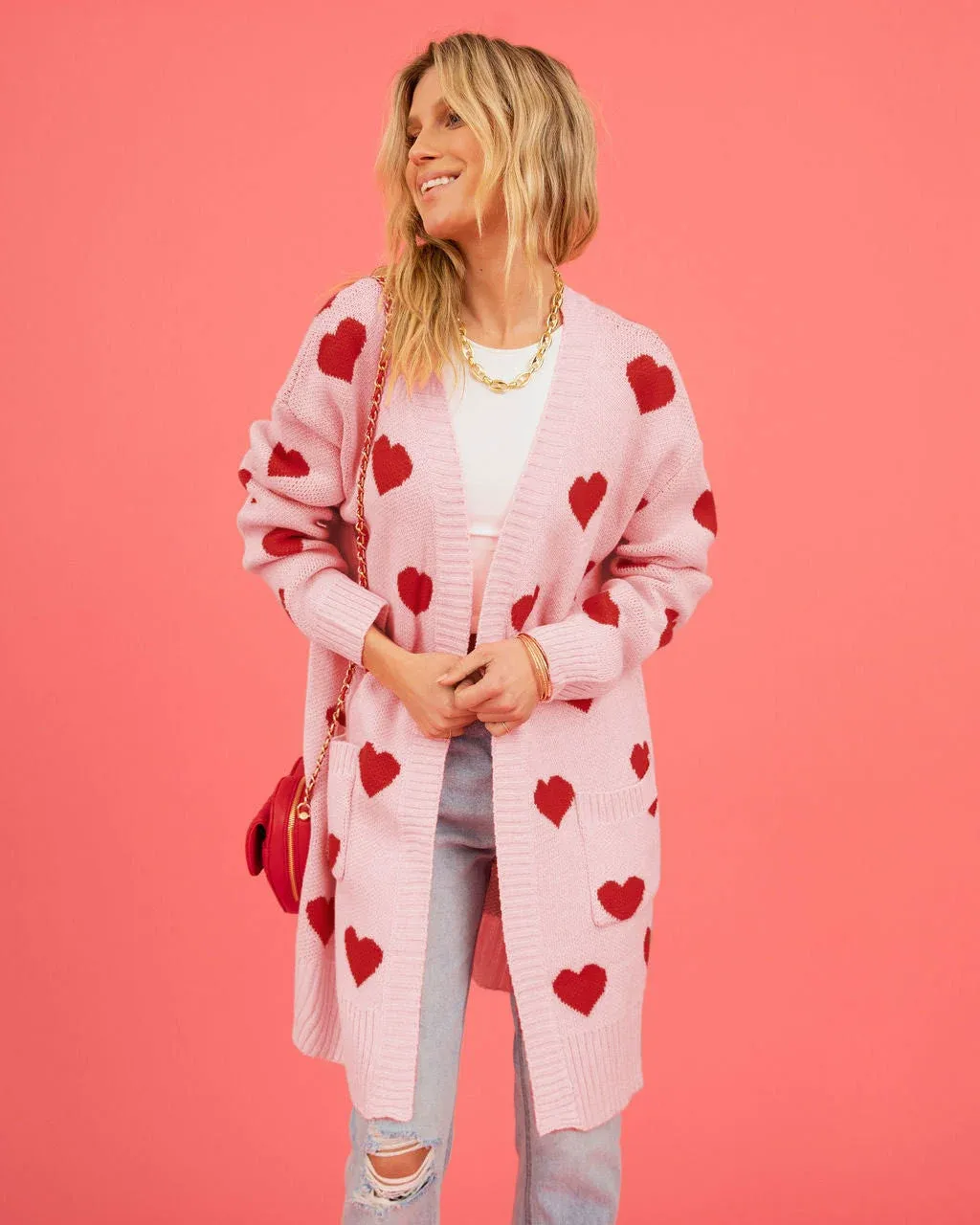 V-Neck Heart Knit Cardigan