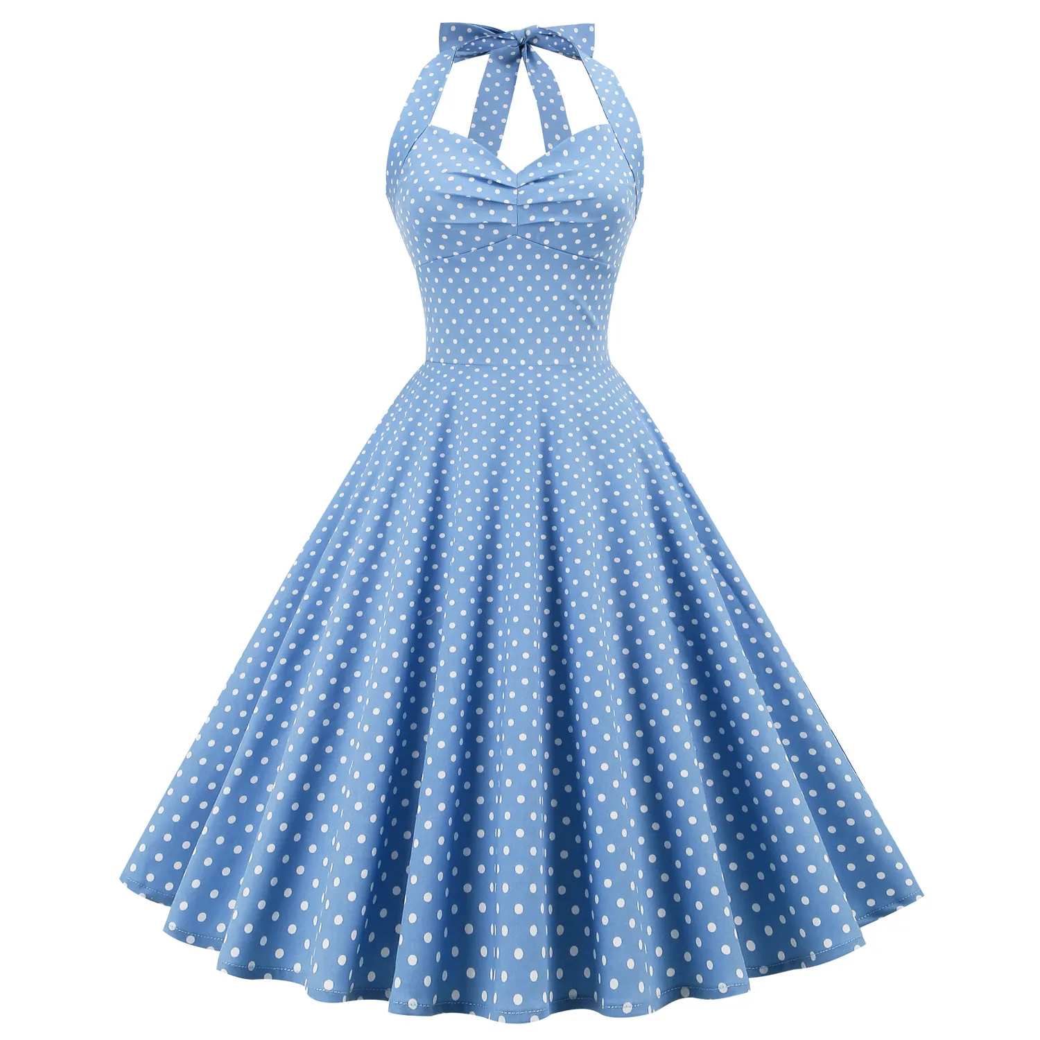 Vintage Polka Dot Halter Backless Fit and Flare Dress