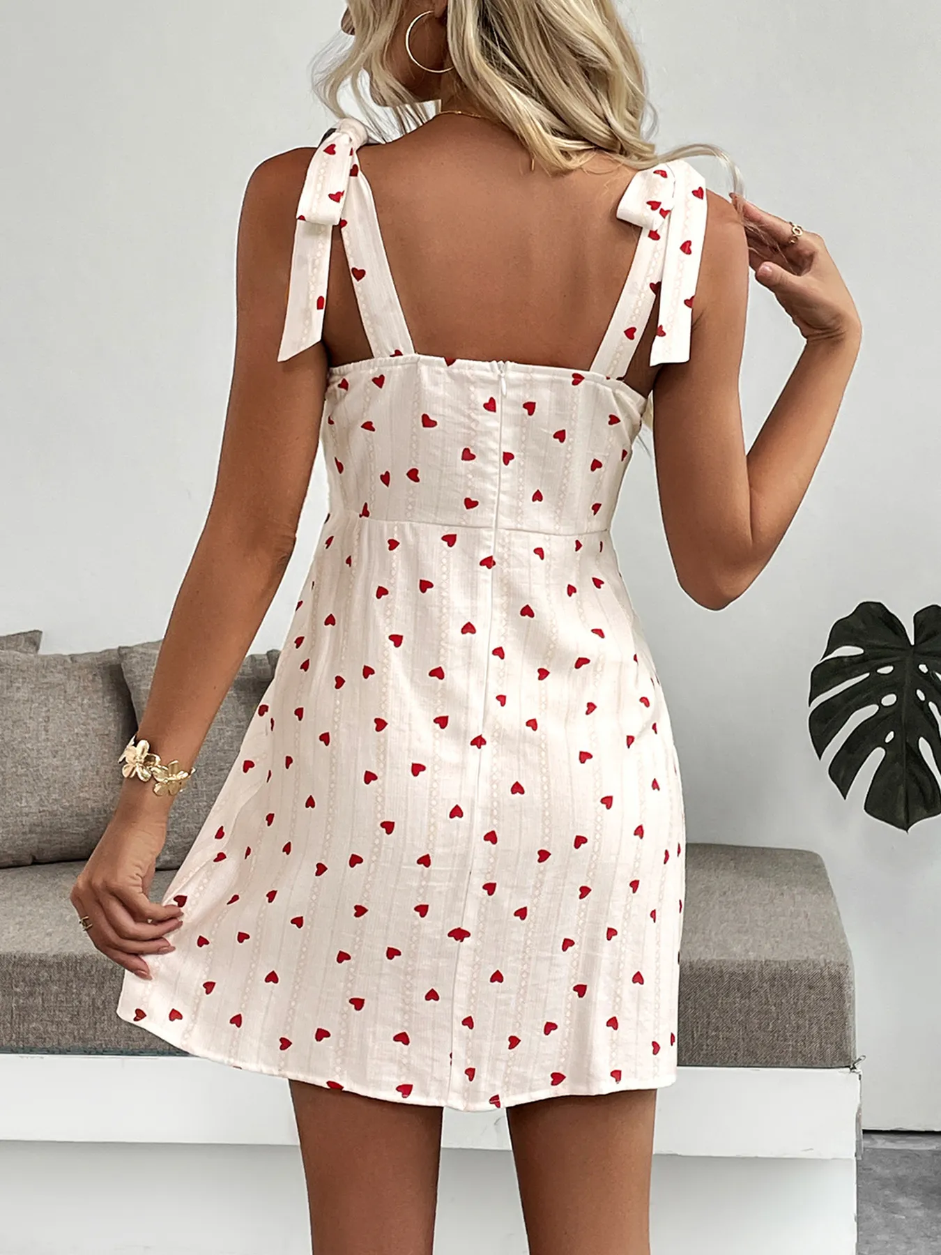 Heart Print V-Neck Backless Mini Dress