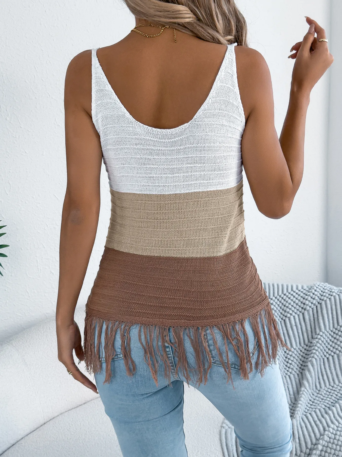 Casual Resort V-Neck Sleeveless Tassel Color-Block Knit Top