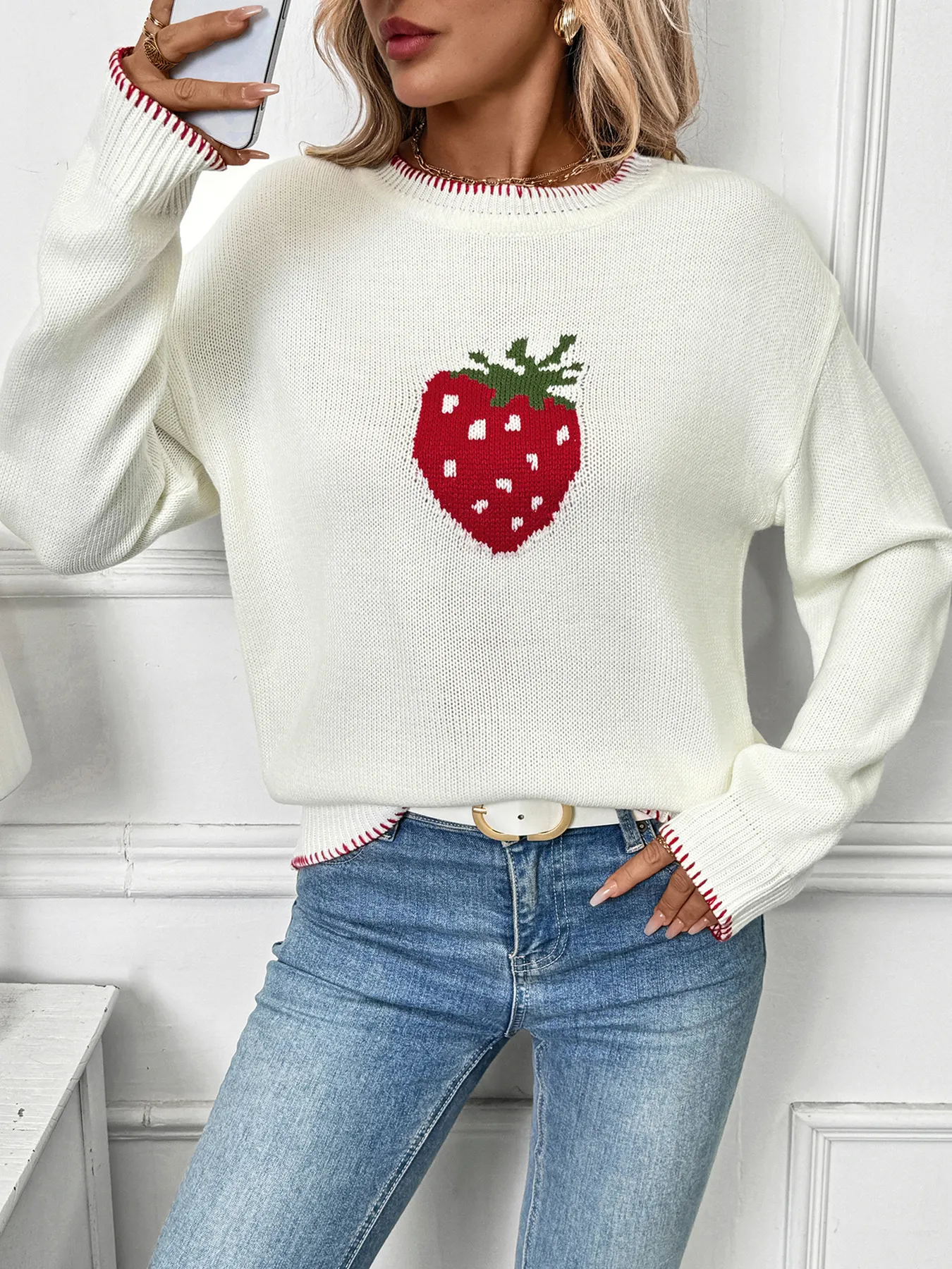 Strawberry Jacquard Crew Neck Sweater