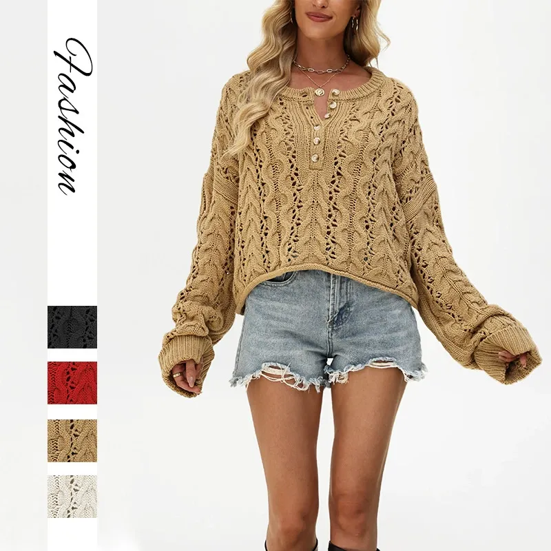 Solid Color Loose Fit Cropped Button Knit Pullover