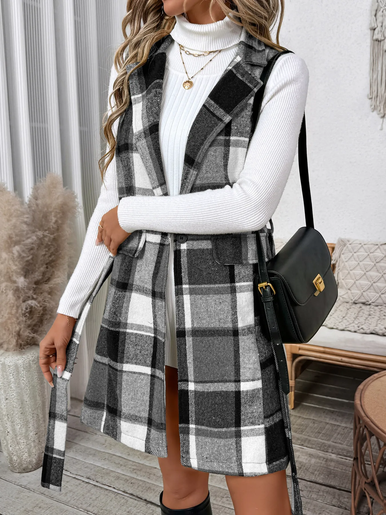Retro Casual Plaid Tie-Waist Vest