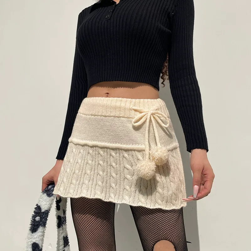 Cable Knit Pom Pom Mini Skirt
