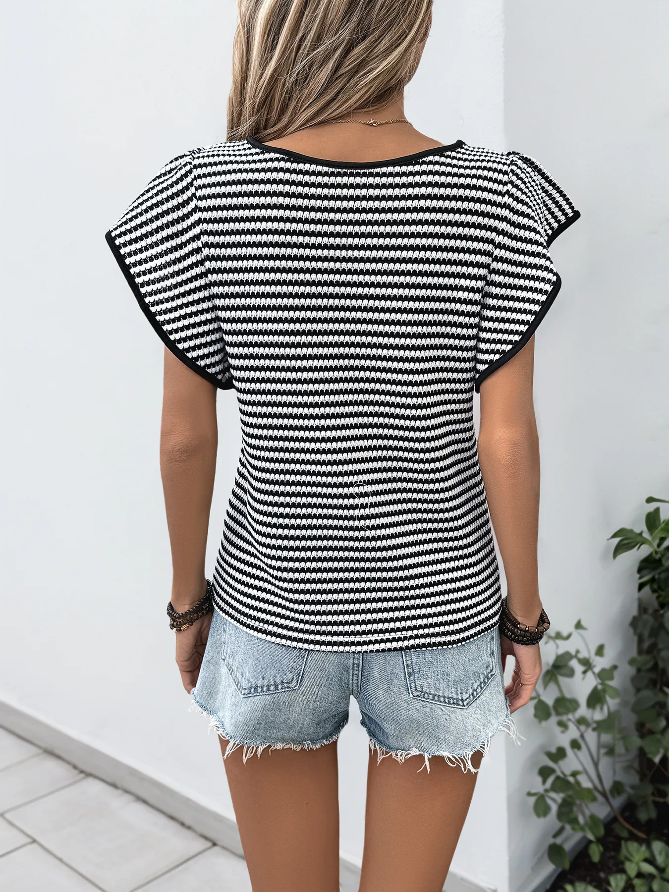 Black & White Striped Flutter Sleeve Crew Neck T-Shirt