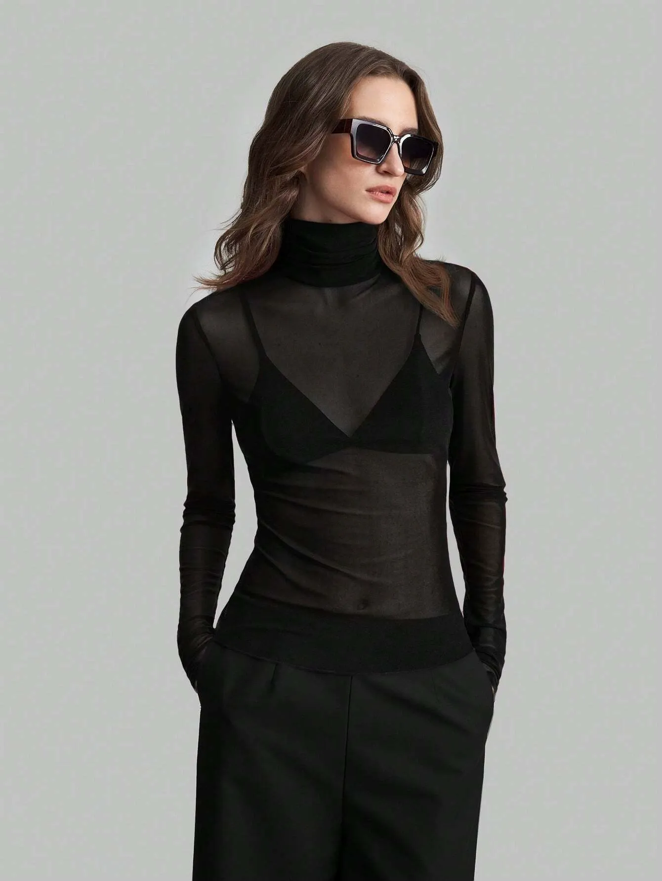 Solid Fitted Mesh Mock Neck Long Sleeve Blouse