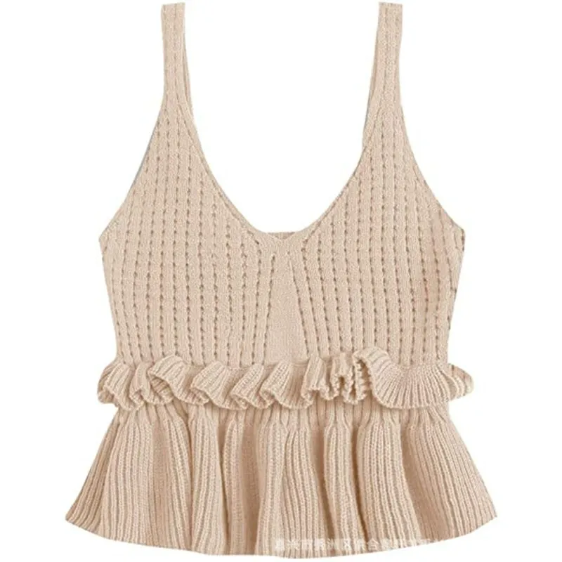 Ruffled V-Neck Sleeveless Cropped Knit Top
