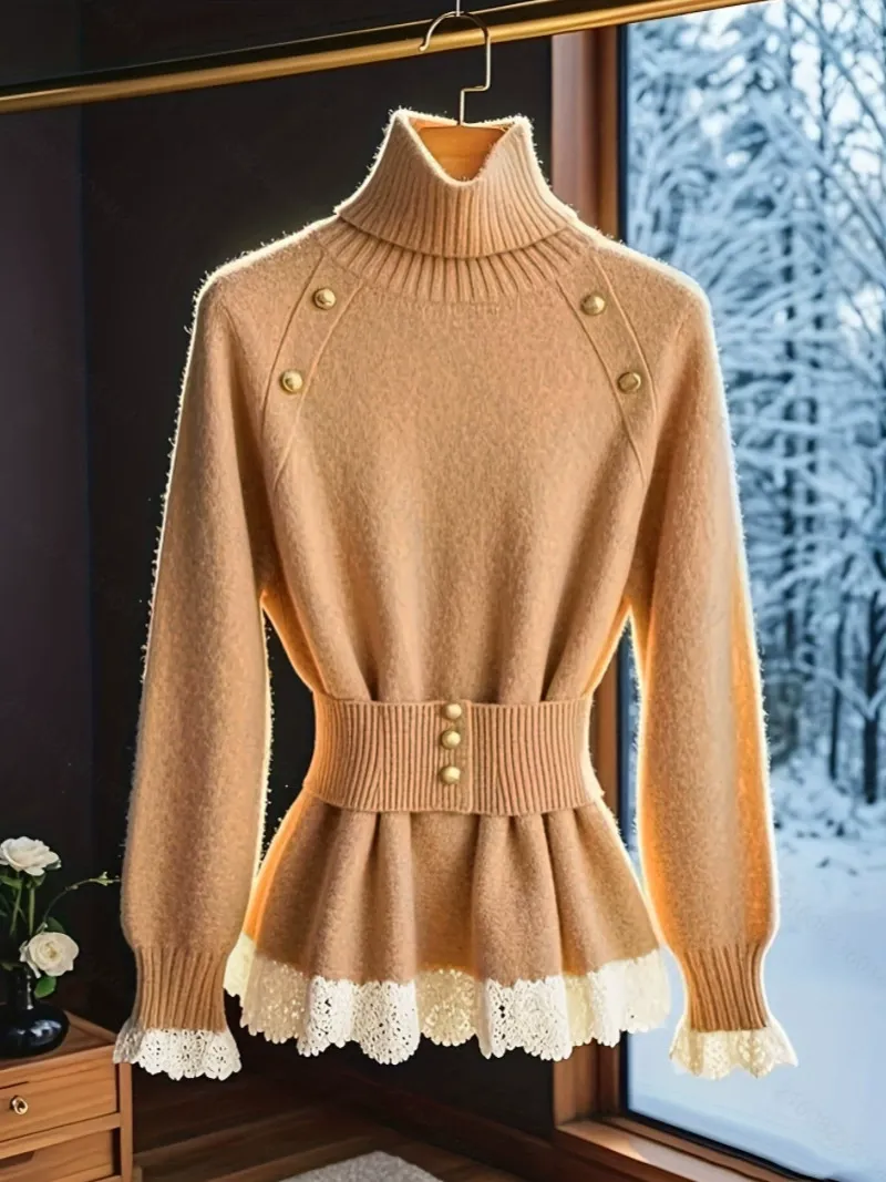 Collared Belted Knit Top with Lace Detail