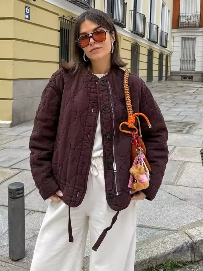 Relaxed Fit Round Neck Long Sleeve Puffer Jacket