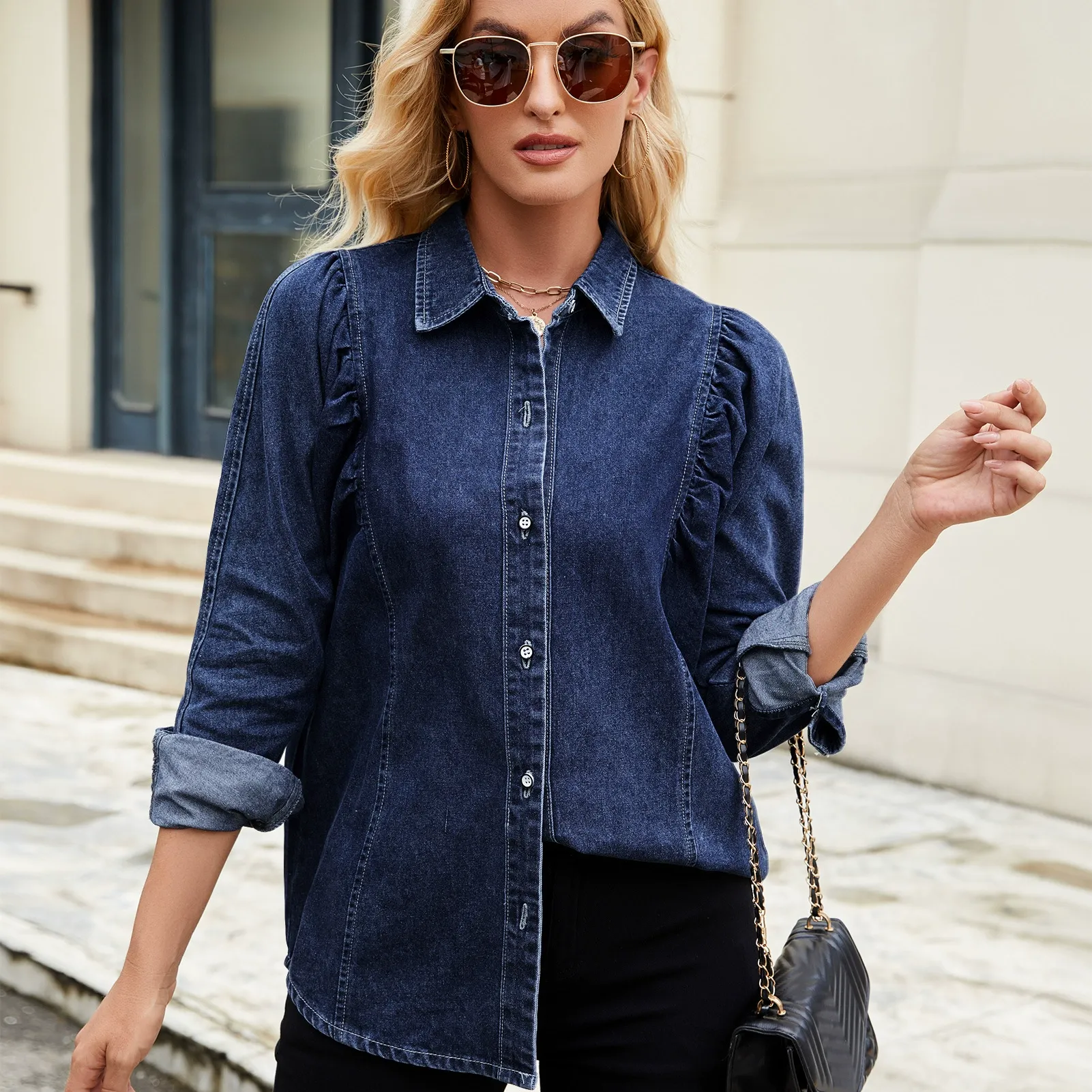 Washed Shoulder Pad Denim Shirt