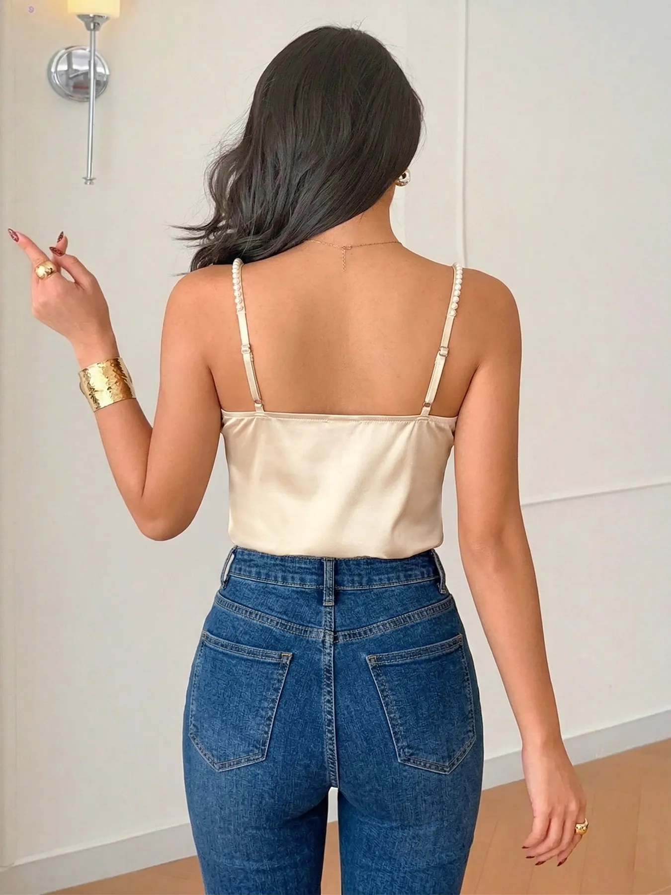 Beaded Satin Cowl Neck Bodysuit