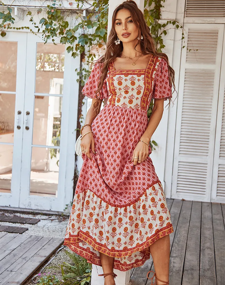Resort Square Neck French Print Dress